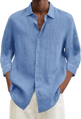 Linen Shirts for Men Summer Beach V Neck Button Casual Tops 2025 Trendy Boho 3/4 Sleeve Lightweight Tunic Blouses in Saudi Arabia
