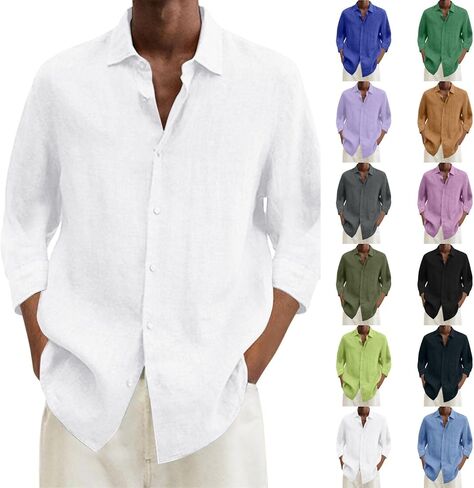 Linen Shirts for Men Summer Beach V Neck Button Casual Tops 2025 Trendy Boho 3/4 Sleeve Lightweight Tunic Blouses in Saudi Arabia