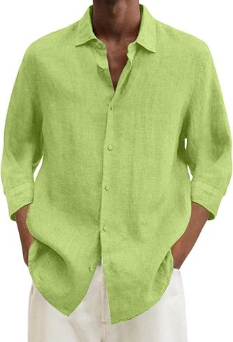 Linen Shirts for Men Summer Beach V Neck Button Casual Tops 2025 Trendy Boho 3/4 Sleeve Lightweight Tunic Blouses in Saudi Arabia