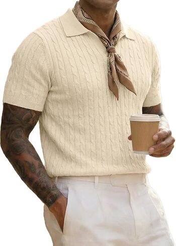 JMIERR Men's Cable Knit Polo Wool Blend Shirt Short Sleeve Vintage Textured Summer Sweater Top in Saudi Arabia