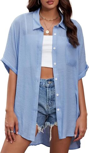Century Star Womens Button Down Shirt Short Sleeve Shirt Vacation Outfits Oversize Collared Swimsuit Coverup Blouses Dress in Saudi Arabia