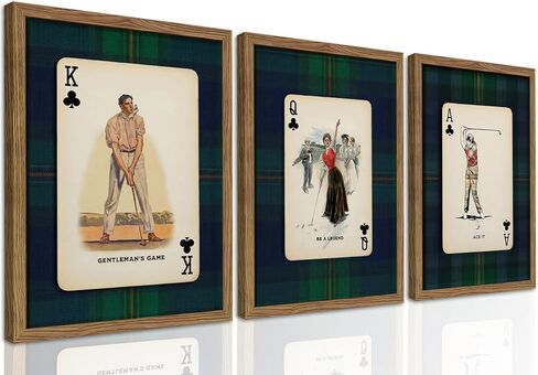 Framed Vintage Golf Wall Art Set of 3, Navy Plaid Playing Card Prints, Retro Classic Golfer Canvas Wall Decor, Preppy Americana Sports Painting Picture for Living Room Home Office 12x16 inch in Saudi Arabia