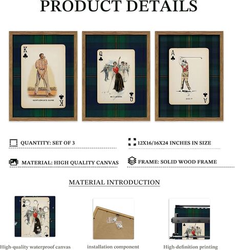 Framed Vintage Golf Wall Art Set of 3, Navy Plaid Playing Card Prints, Retro Classic Golfer Canvas Wall Decor, Preppy Americana Sports Painting Picture for Living Room Home Office 12x16 inch in Saudi Arabia