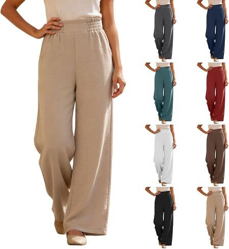 Womens Wide Leg Linen Pants 2026 Summer Casual Elastic Waist Lounge Boho Beach Travel Trousers with Pockets in Saudi Arabia