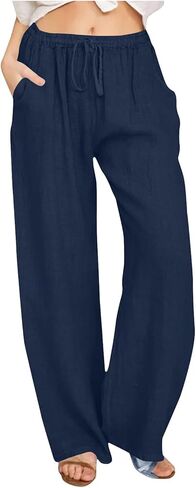 Linen Pants Women Casual Lightweight Drawstring Elastic Waist Palazzo Pant Solid Color Wide Leg Trousers Pockets in Kuwait