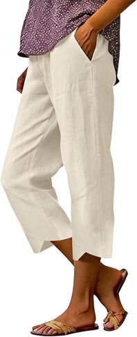 Cotton Linen Pants Women Boho Stretchy High Waisted Cropped Ankle Gauze Pant Solid Summer Beach Casual Trousers in Saudi Arabia