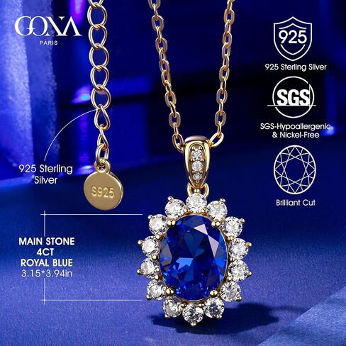GONA 4CT Lab Grown Royal Blue Sapphire Necklace for Women, Princess Diana Inspired Design, 925 Sterling Silver Chain, GRC Certified, Hypoallergenic Eco-Friendly Jewelry, Ideal Gift for Her in Saudi Arabia
