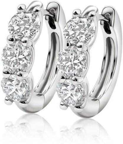 14K White & Yellow Gold Lab-Created Diamond 3 Stone Huggie Hoop Earrings for Women | Round Brilliant Lab Diamond Earrings | F-G Color SI Clarity | Luxury Diamond Huggie Earrings | 1-3 CTW in Saudi Arabia