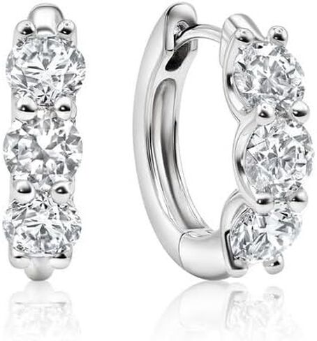 14K White & Yellow Gold Lab-Created Diamond 3 Stone Huggie Hoop Earrings for Women | Round Brilliant Lab Diamond Earrings | F-G Color SI Clarity | Luxury Diamond Huggie Earrings | 1-3 CTW in Saudi Arabia