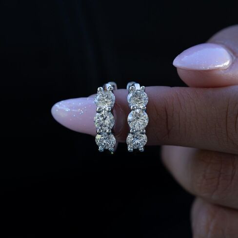 14K White & Yellow Gold Lab-Created Diamond 3 Stone Huggie Hoop Earrings for Women | Round Brilliant Lab Diamond Earrings | F-G Color SI Clarity | Luxury Diamond Huggie Earrings | 1-3 CTW in Saudi Arabia