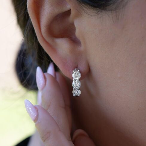 14K White & Yellow Gold Lab-Created Diamond 3 Stone Huggie Hoop Earrings for Women | Round Brilliant Lab Diamond Earrings | F-G Color SI Clarity | Luxury Diamond Huggie Earrings | 1-3 CTW in Saudi Arabia