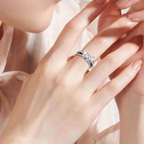 925 فضة فراشة لوتس Moonstone الغزل الدائري للقلق الإجهاد الإغاثة تململ الدائري هدية عيد ميلاد للرجال النساء in Kuwait