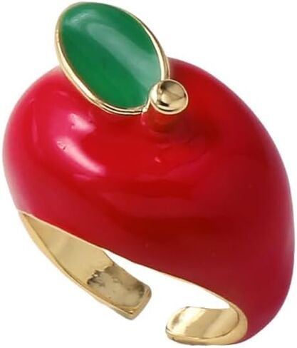 NewZenro Cute Enamel Apple Open Ring for Women Men Gold Plated Chunky Red Green Leaf Sweet Food Furit Statement Finger Band Bead Ring Comfort Fit Christmas Eve Jewelry Size 7.5 in Saudi Arabia