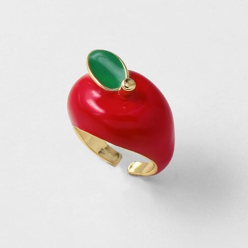 NewZenro Cute Enamel Apple Open Ring for Women Men Gold Plated Chunky Red Green Leaf Sweet Food Furit Statement Finger Band Bead Ring Comfort Fit Christmas Eve Jewelry Size 7.5 in Saudi Arabia