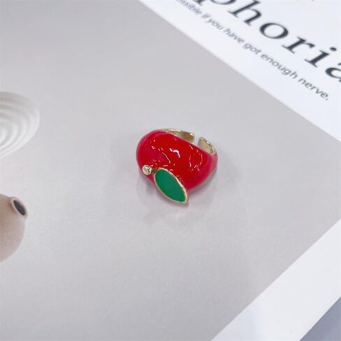 NewZenro Cute Enamel Apple Open Ring for Women Men Gold Plated Chunky Red Green Leaf Sweet Food Furit Statement Finger Band Bead Ring Comfort Fit Christmas Eve Jewelry Size 7.5 in Saudi Arabia