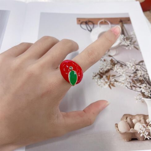 NewZenro Cute Enamel Apple Open Ring for Women Men Gold Plated Chunky Red Green Leaf Sweet Food Furit Statement Finger Band Bead Ring Comfort Fit Christmas Eve Jewelry Size 7.5 in Saudi Arabia