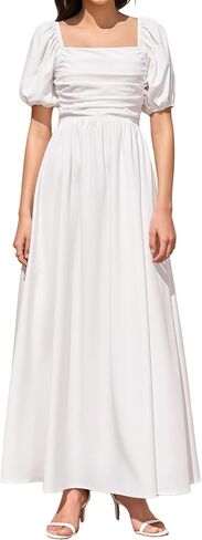 Womens Summer Maxi Dress Square Neck Short Puff Sleeve Boho Sundress for Women A Line Wedding Guest Dresses in Kuwait