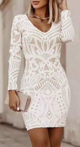 Women Solid Color Slim Fit Print V Neck Short Dress Long Sleeve Sexy Lightweight Casual Mini Dresses in Saudi Arabia