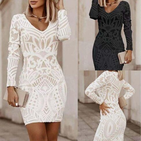 Women Solid Color Slim Fit Print V Neck Short Dress Long Sleeve Sexy Lightweight Casual Mini Dresses in Saudi Arabia