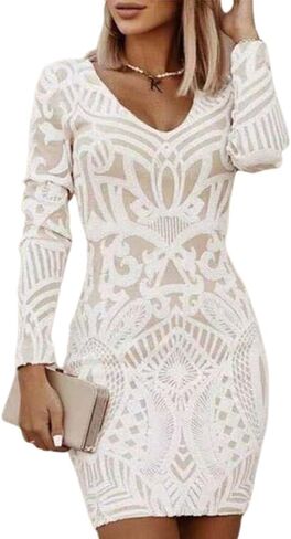 Women Solid Color Slim Fit Print V Neck Short Dress Long Sleeve Sexy Lightweight Casual Mini Dresses in Kuwait