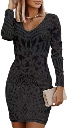 Women Solid Color Slim Fit Print V Neck Short Dress Long Sleeve Sexy Lightweight Casual Mini Dresses in Saudi Arabia