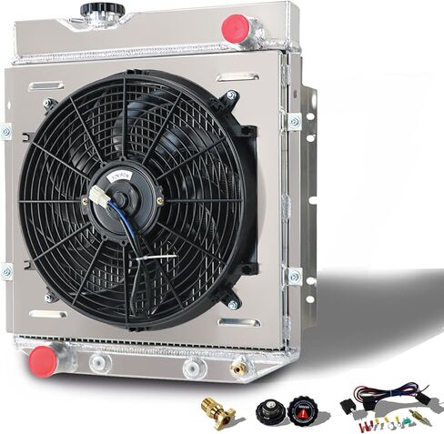 CC251 مشعاع ألومنيوم أساسي مكون من 3 صفوف + غطاء ترموستات 1 × 14 بوصة مروحة + مرحل متوافق مع Ford Falcon Mustang Ranchero Mercury Comet SBC V8 1960-1966 61 62 63 64 65 in Kuwait
