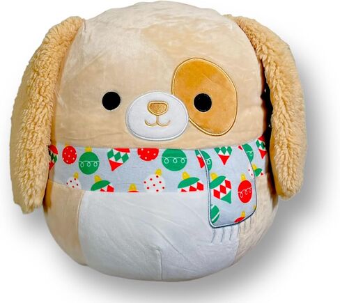 Squishmallows 12 Inch Light Tan Dog with Caramel Colored Patch Around Left Eye - White Belly and Christmas Scarf - Harris is A Part of The New Winter 2022 Holiday Plush Collection in Saudi Arabia