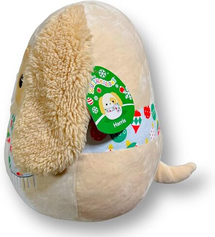 Squishmallows 12 Inch Light Tan Dog with Caramel Colored Patch Around Left Eye - White Belly and Christmas Scarf - Harris is A Part of The New Winter 2022 Holiday Plush Collection in Saudi Arabia