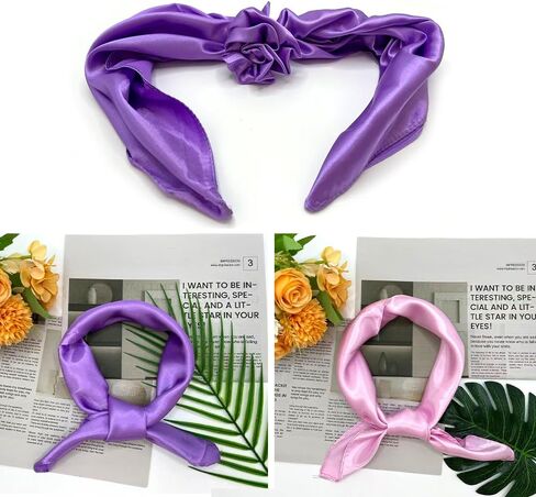 2 Packs Satin Neck Scarf 23.6 Inch Solid Square Neck Scarves Handkerchief for Women Teens Halloween 80s Party Daily Accessory (Pink, Purple) in Kuwait