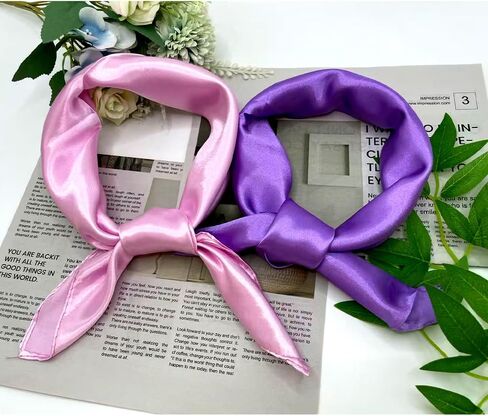 2 Packs Satin Neck Scarf 23.6 Inch Solid Square Neck Scarves Handkerchief for Women Teens Halloween 80s Party Daily Accessory (Pink, Purple) in Kuwait