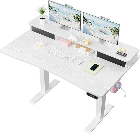 Veken 47.2"×27.6" Home Office Standing Desk with Monitor Riser, Adjustable Computer Desk with Drawers, Ergonomic Desk for Work, Study, Gaming, Crafting, White in Kuwait