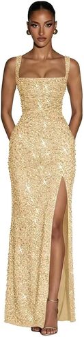 Sequin Mermaid Prom Dress with Slit Square Neck Sparkly Ruched Maxi Long Evening Dress for Women Formal Gown in Saudi Arabia