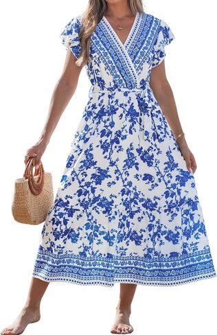 popvil Women Spring Floral Maxi Dress Wedding Guest 2026 Summer Flowy Long Dress Boho Casual Wrap V Neck Ruffle Sleeve Dress in Saudi Arabia