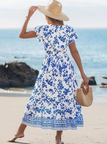 popvil Women Spring Floral Maxi Dress Wedding Guest 2026 Summer Flowy Long Dress Boho Casual Wrap V Neck Ruffle Sleeve Dress in Saudi Arabia