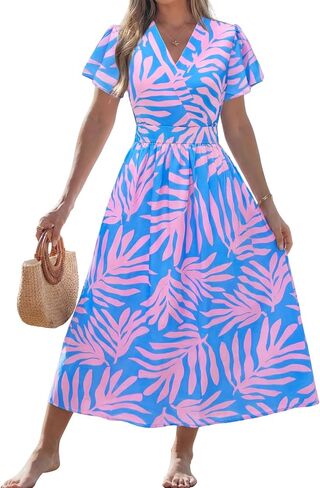 popvil Women Spring Floral Maxi Dress Wedding Guest 2026 Summer Flowy Long Dress Boho Casual Wrap V Neck Ruffle Sleeve Dress in Saudi Arabia