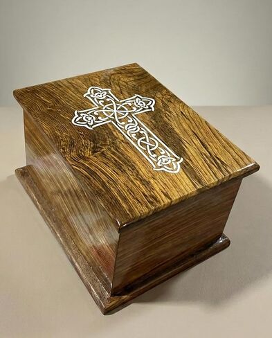 wooden Urn for Human Ashes-Black & White Shaded Cross Engraved-Wooden Urns HandCrafted Funeral Cremation Urn for Ashes Rosewood Decorative urn-keepsake Cremation urn Box (8'' x 6'' x4.5'') in Kuwait