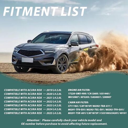 طقم فلتر هواء المحرك والمقصورة متوافق مع Acura RDX 2019-2025 استبدال # 17220-5MS-H00، CA12605، 80292-TF0-G01 in Kuwait