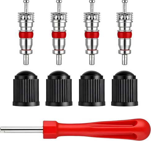Tire Valve Stem Removal Tool Kit, 4 PCS Valve Cores, 4 PCS Tire Valves Caps, 1 Pack Single Head Valves Core Remover Installer Tool, Car Accessories Tires Repair Tools Universal for All Cars in Saudi Arabia