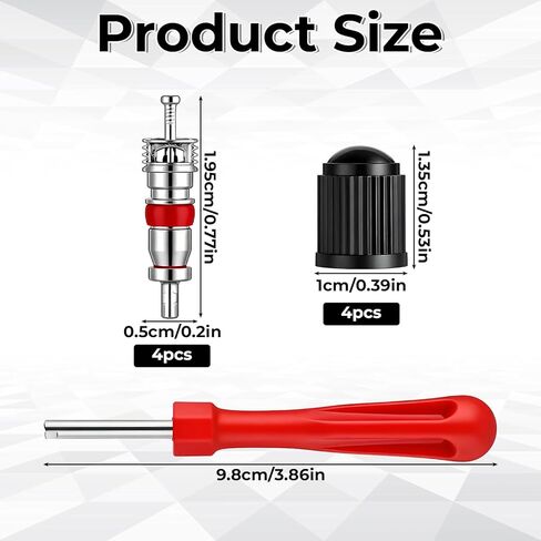Tire Valve Stem Removal Tool Kit, 4 PCS Valve Cores, 4 PCS Tire Valves Caps, 1 Pack Single Head Valves Core Remover Installer Tool, Car Accessories Tires Repair Tools Universal for All Cars in Saudi Arabia