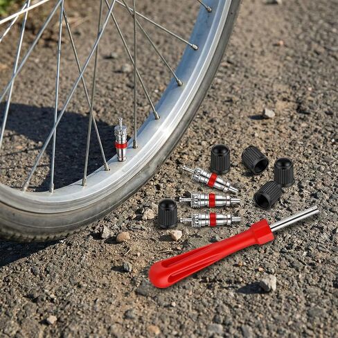 Tire Valve Stem Removal Tool Kit, 4 PCS Valve Cores, 4 PCS Tire Valves Caps, 1 Pack Single Head Valves Core Remover Installer Tool, Car Accessories Tires Repair Tools Universal for All Cars in Saudi Arabia