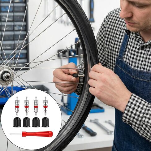 Tire Valve Stem Removal Tool Kit, 4 PCS Valve Cores, 4 PCS Tire Valves Caps, 1 Pack Single Head Valves Core Remover Installer Tool, Car Accessories Tires Repair Tools Universal for All Cars in Saudi Arabia