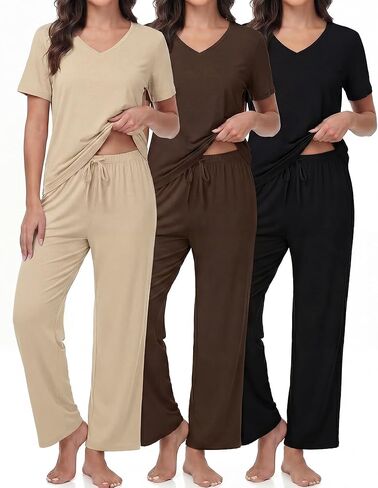 3 Pack Women's Pajama Set Short Sleeve Pajamas Top and Pants V Neck Soft 2 Piece Pjs Set Loungewear with Pockets in Kuwait