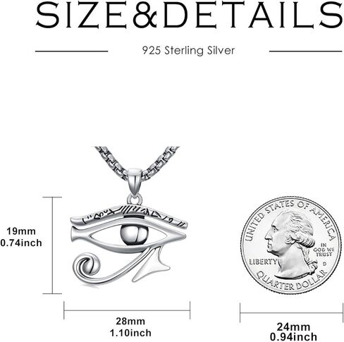Eye of Horus Necklace 925 Sterling Silver Egyptian Eye of Horus Pendant Egyptian Symbol of Amulet Jewelry, w/Stainless Steel Chain 22"+2" in Saudi Arabia