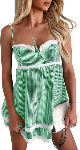 Wenrine Womens Summer Mini Dress Spaghetti Strap Sweetheart Y2K Plaid Lace Trim Tiered Beach Sundress Dresses in Kuwait