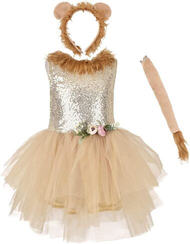 Toddler Girls Sequin Lion Tutu Dress Halloween Costume Fancy Cosplay Dress up Animal Theme Party Ruffle Tulle Short Tiered Gown Birthday Outfit with Lion Headband Tail Set Sequined Lion 5-6 Years in Saudi Arabia