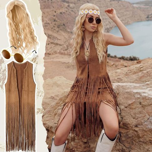 Shihanee 60s 70s Outfits Women Disco Hippie Costumes 70s Tops Set Hippie Fringe Vest Clothes Women Halloween Costume in Saudi Arabia