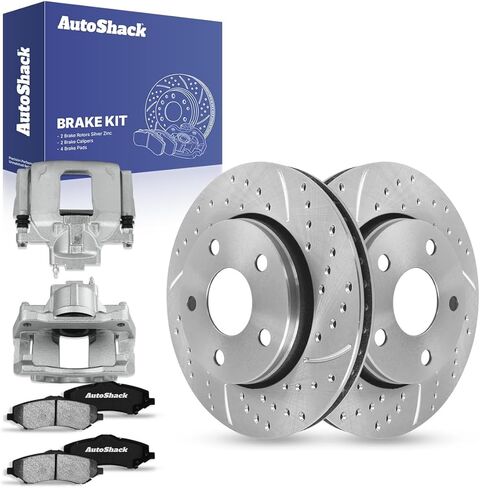 AutoShack Front Vented Drilled & Slotted Silver Zinc Coated Brake Rotors + Ceramic Pads + Calipers 8-PC Brake Kit Replacement for 2007-2017 Jeep Wrangler SilverShield Pro 11.89" (302 mm) in Saudi Arabia