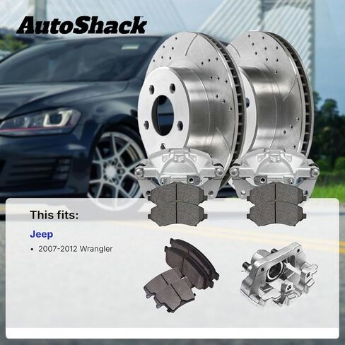 AutoShack Front Vented Drilled & Slotted Silver Zinc Coated Brake Rotors + Ceramic Pads + Calipers 8-PC Brake Kit Replacement for 2007-2017 Jeep Wrangler SilverShield Pro 11.89" (302 mm) in Saudi Arabia