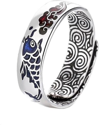 Tuwiqsdi Fish Ring Fashion Vintage Cloisonné Enamel Koi Fish Lucky Cloud Ring Chinese Style Adjustable Open Ring for Men and Women National Trend Jewelry in Saudi Arabia