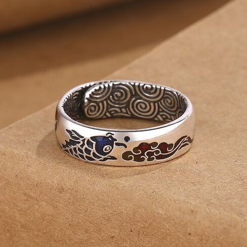 Tuwiqsdi Fish Ring Fashion Vintage Cloisonné Enamel Koi Fish Lucky Cloud Ring Chinese Style Adjustable Open Ring for Men and Women National Trend Jewelry in Saudi Arabia